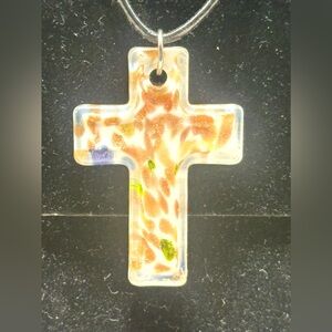 Murano Style Art Blown Glass Cross Multicolor Pendant w/Claw Clasp Necklace
